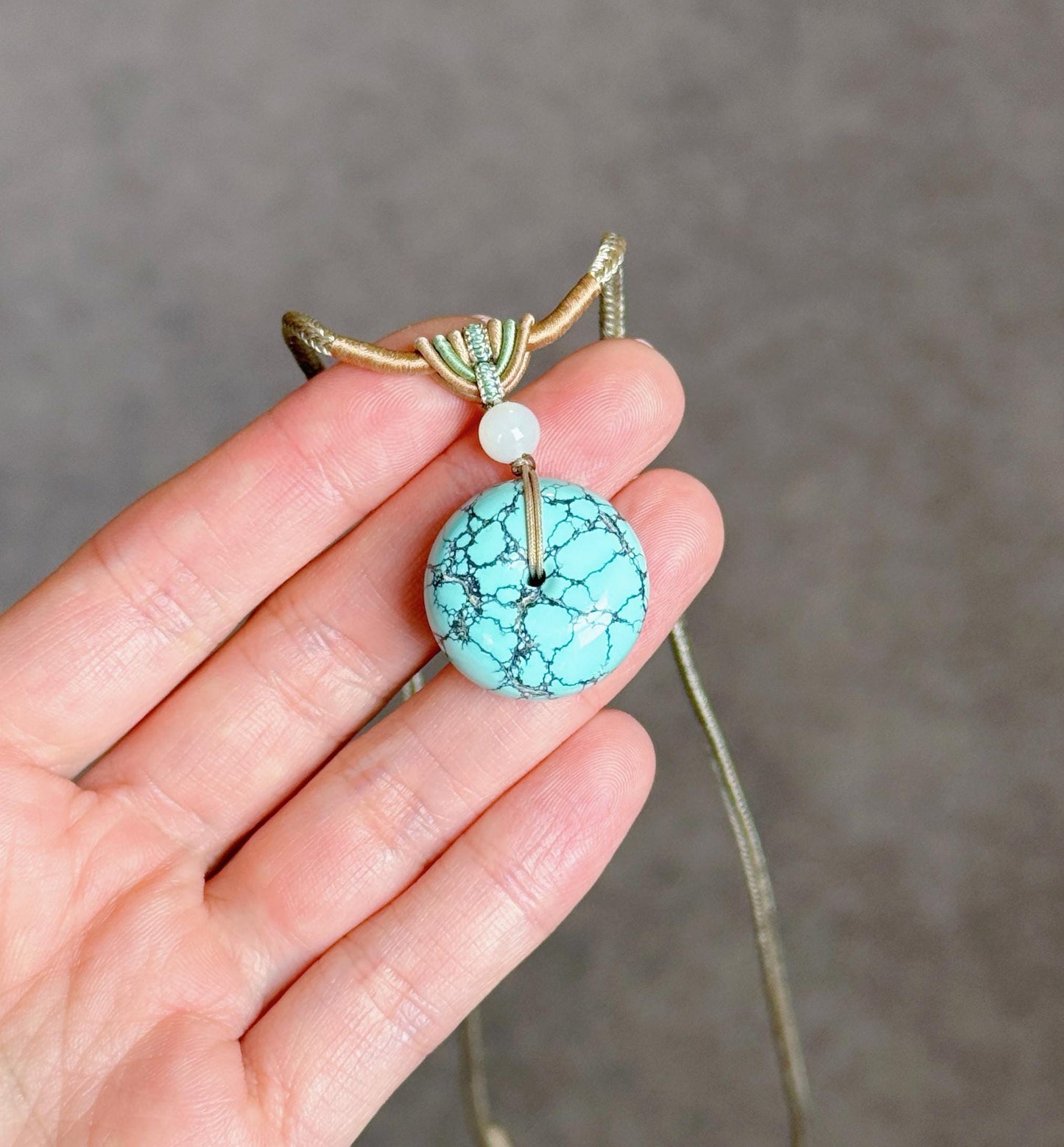 Natural Turquoise Donut Pendant Necklace | Genuine Untreated Turquoise with White Nephrite Jade | Adjustable Cord