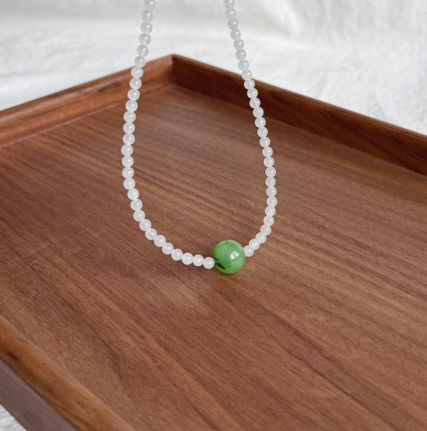 4mm Natural White Nephrite Jade Beaded Necklace | Green Jade Center Bead | Dainty Choker | Minimalist Layering Necklace