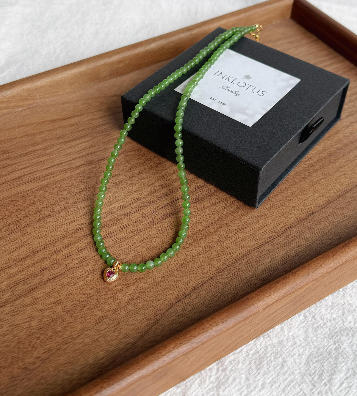 4mm Green Nephrite Jade Choker Necklace | 18K Gold Rhodolite Garnet Heart Charm | Adjustable Length | Fine Jewelry Gift for Love