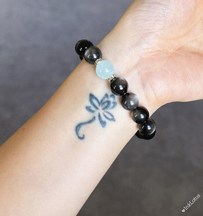 10mm Silver Obsidian Bracelet with Aquamarine | Natural Gemstone Stretch Bracelet