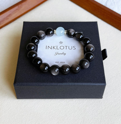 10mm Silver Obsidian Bracelet with Aquamarine | Natural Gemstone Stretch Bracelet