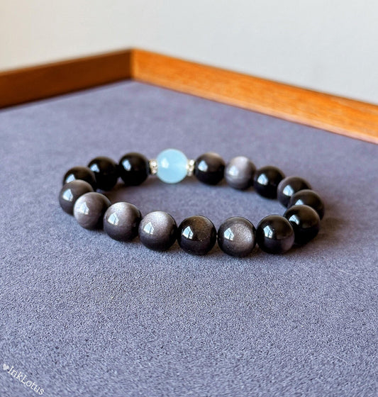 10mm Silver Obsidian Bracelet with Aquamarine | Natural Gemstone Stretch Bracelet