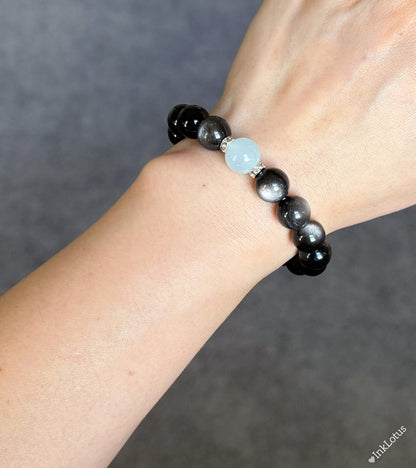 10mm Silver Obsidian Bracelet with Aquamarine | Natural Gemstone Stretch Bracelet