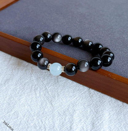 10mm Silver Obsidian Bracelet with Aquamarine | Natural Gemstone Stretch Bracelet