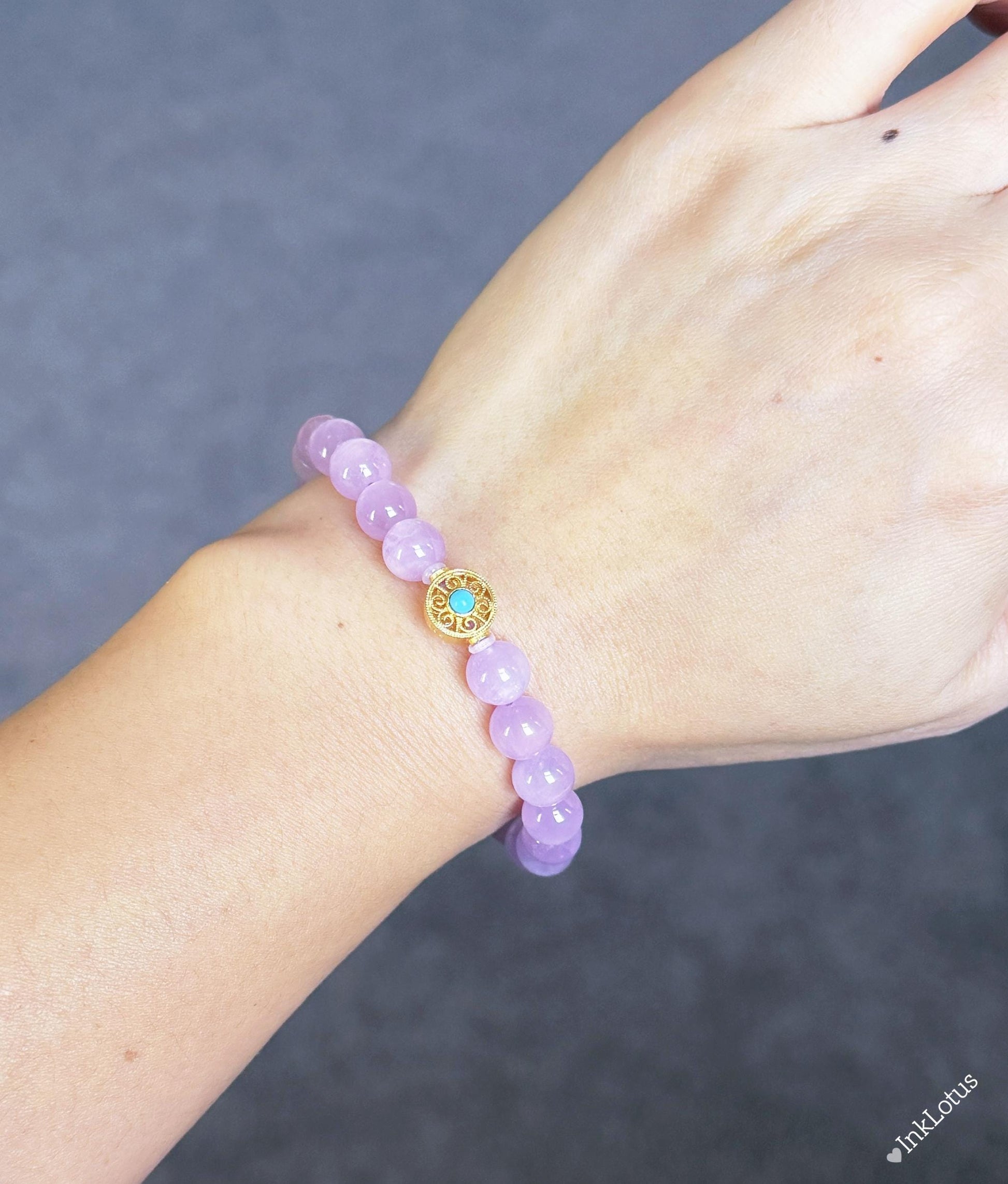 7mm Kunzite Bracelet|Natural AAAA+ Kunzite Beads| S925 Natural Turquoise Accent| Healing Heart Chakra Crystal Bracelet| Pink Purple Kunzite