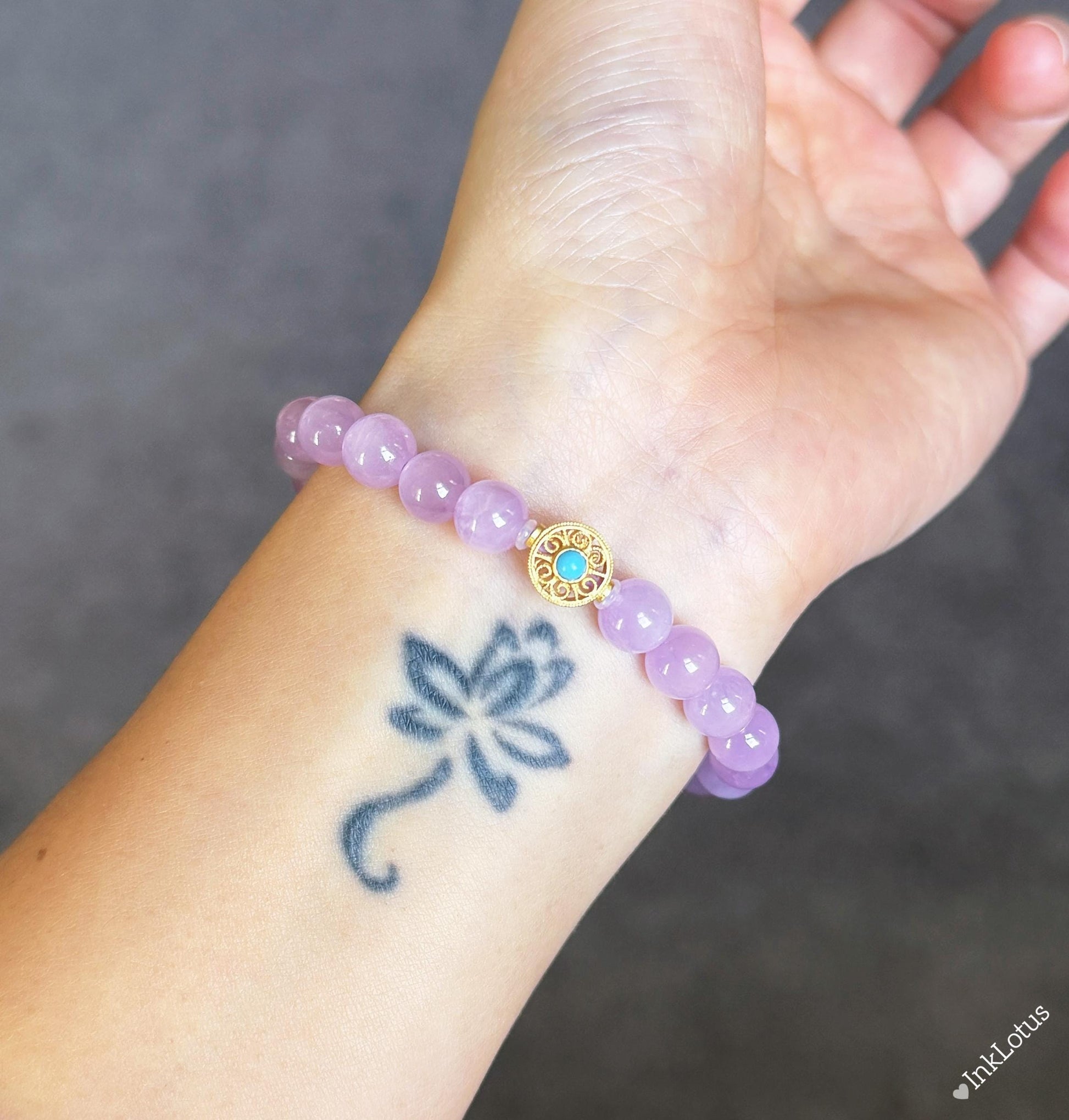 7mm Kunzite Bracelet|Natural AAAA+ Kunzite Beads| S925 Natural Turquoise Accent| Healing Heart Chakra Crystal Bracelet| Pink Purple Kunzite