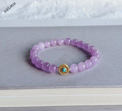 7mm Kunzite Bracelet|Natural AAAA+ Kunzite Beads| S925 Natural Turquoise Accent| Healing Heart Chakra Crystal Bracelet| Pink Purple Kunzite