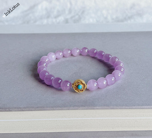 7mm Kunzite Bracelet|Natural AAAA+ Kunzite Beads| S925 Natural Turquoise Accent| Healing Heart Chakra Crystal Bracelet| Pink Purple Kunzite