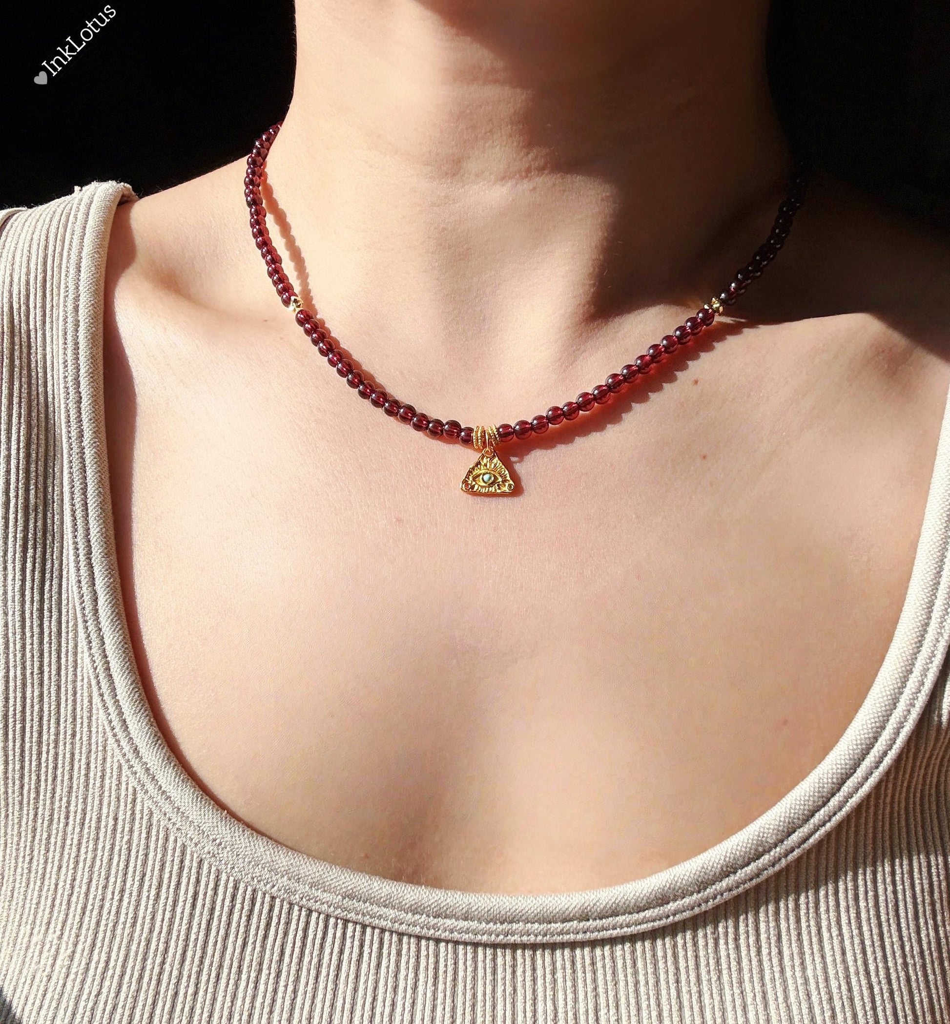Garnet Choker: 4mm Beaded Necklace with Evil Eye Pendant, 925 Silver