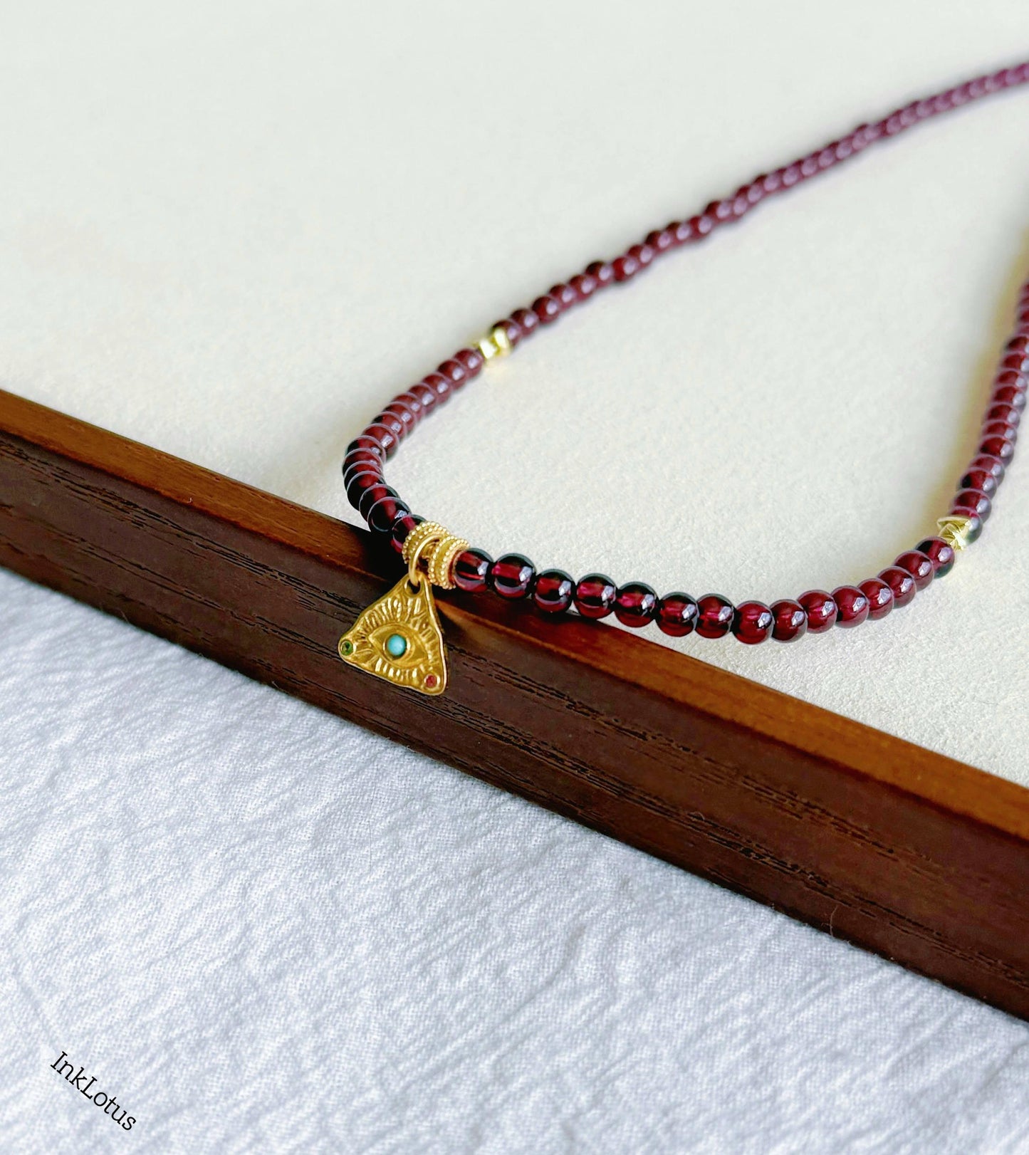 Garnet Choker: 4mm Beaded Necklace with Evil Eye Pendant, 925 Silver