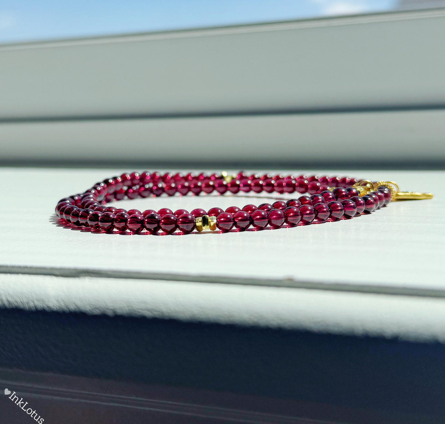 Garnet Choker: 4mm Beaded Necklace with Evil Eye Pendant, 925 Silver