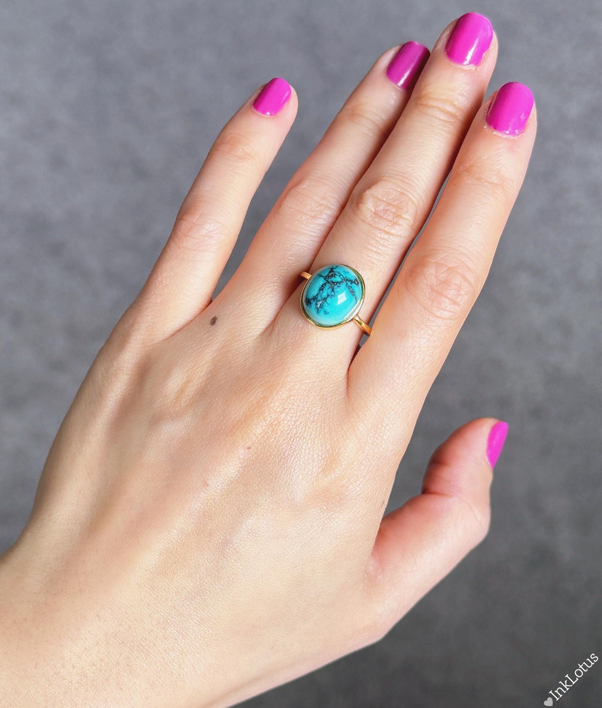 Gold Turquoise Ring: Natural and Untreated Turquoise, Adjustable S925 Sterling Silver, December Birthstone