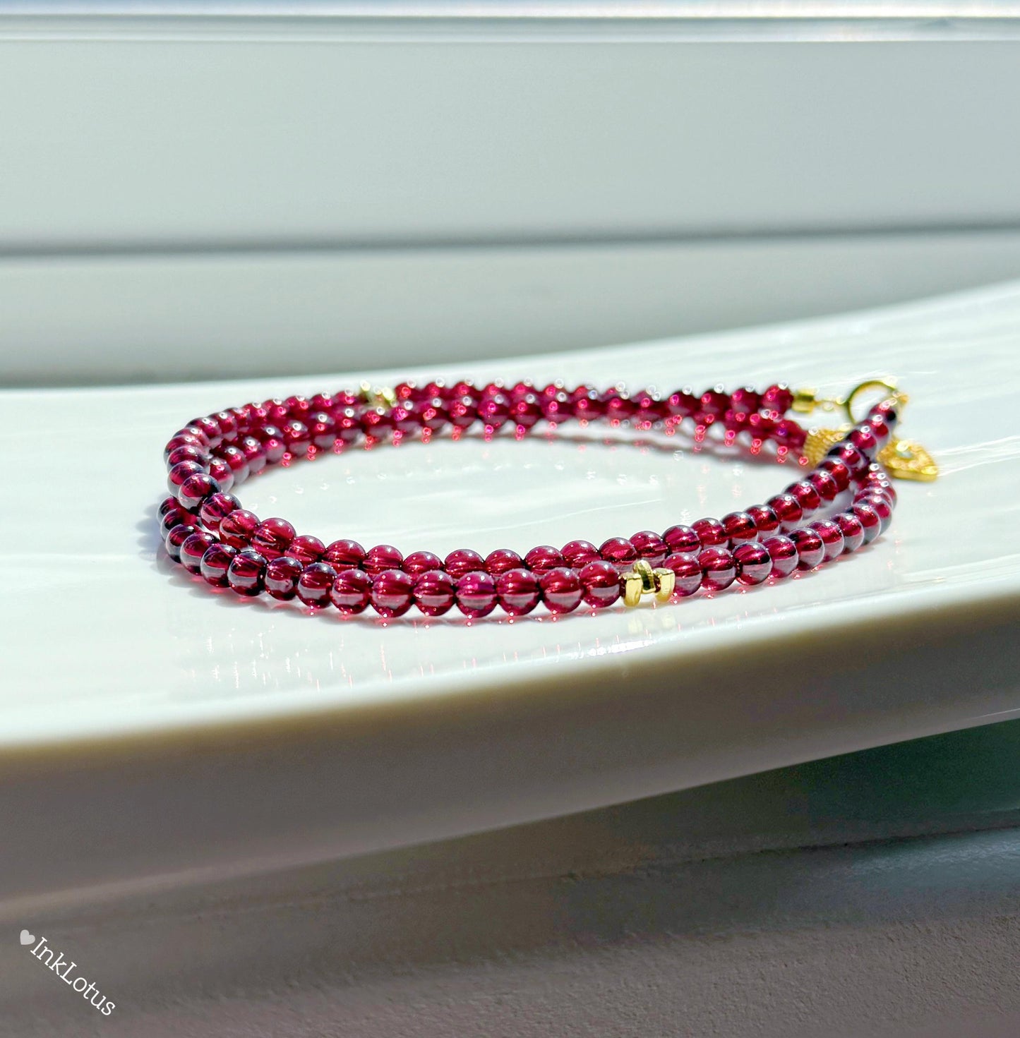 Garnet Choker: 4mm Beaded Necklace with Evil Eye Pendant, 925 Silver