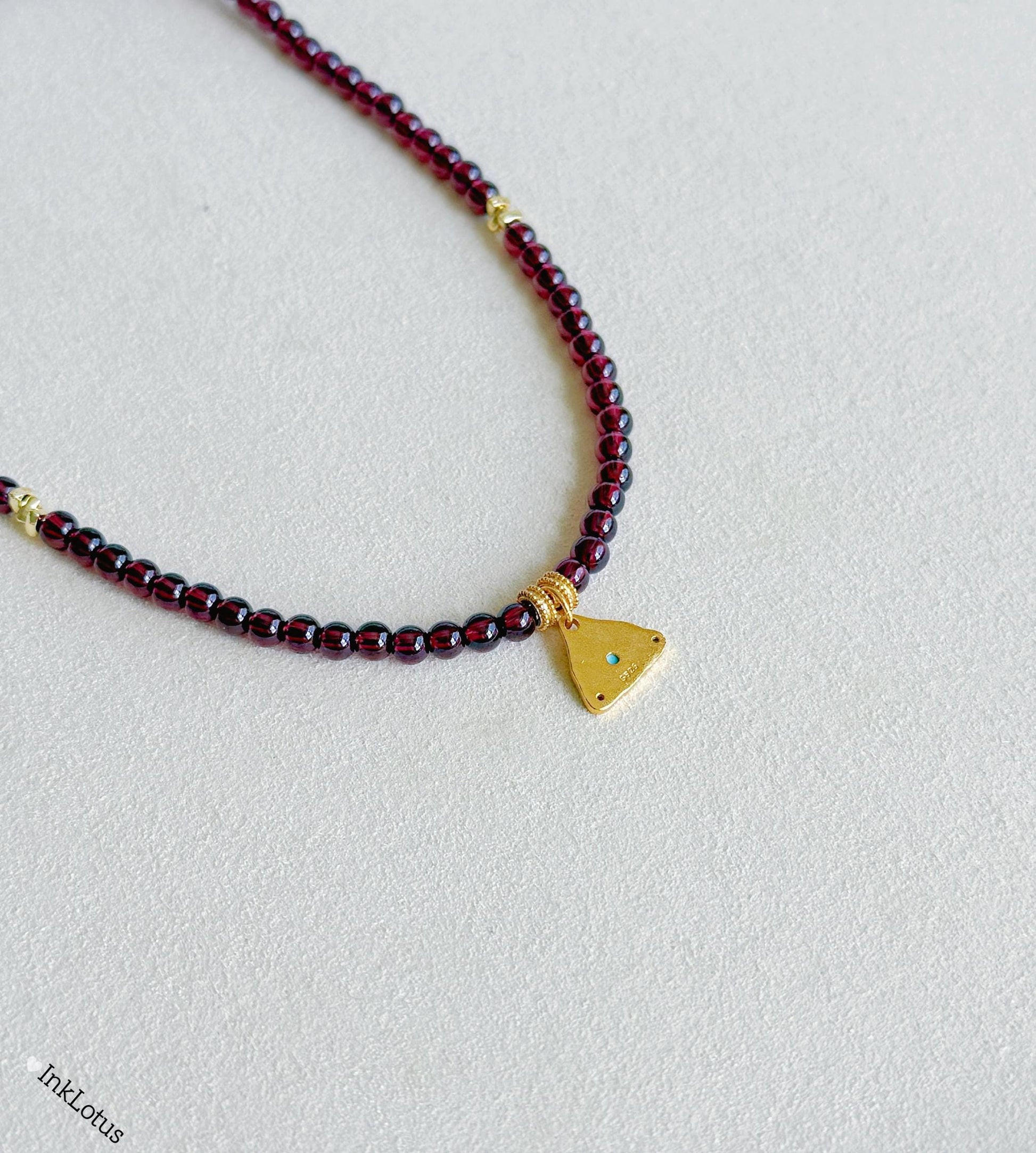 Garnet Choker: 4mm Beaded Necklace with Evil Eye Pendant, 925 Silver