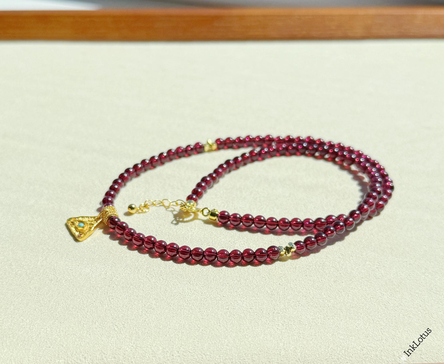 Garnet Choker: 4mm Beaded Necklace with Evil Eye Pendant, 925 Silver