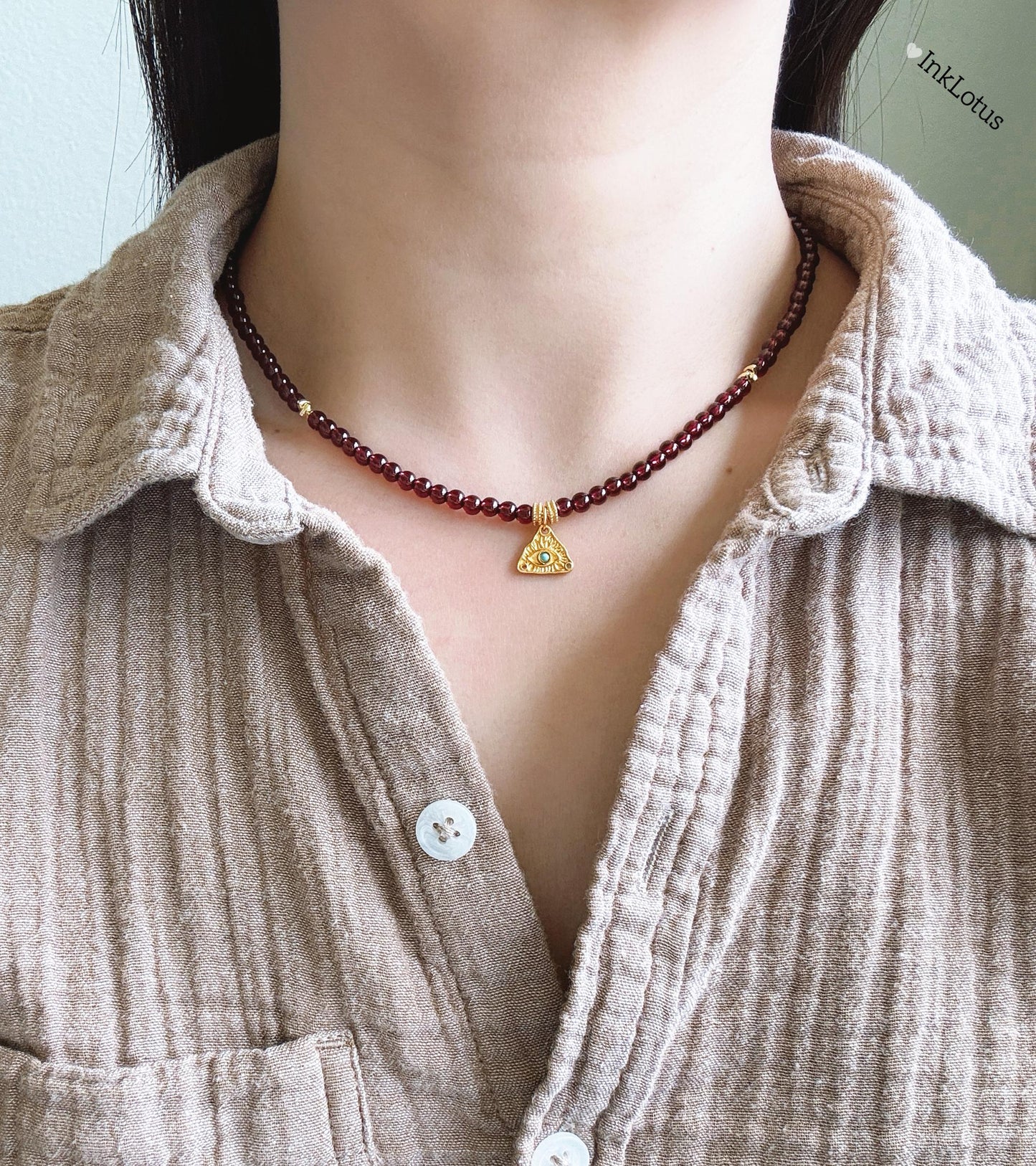 Garnet Choker: 4mm Beaded Necklace with Evil Eye Pendant, 925 Silver