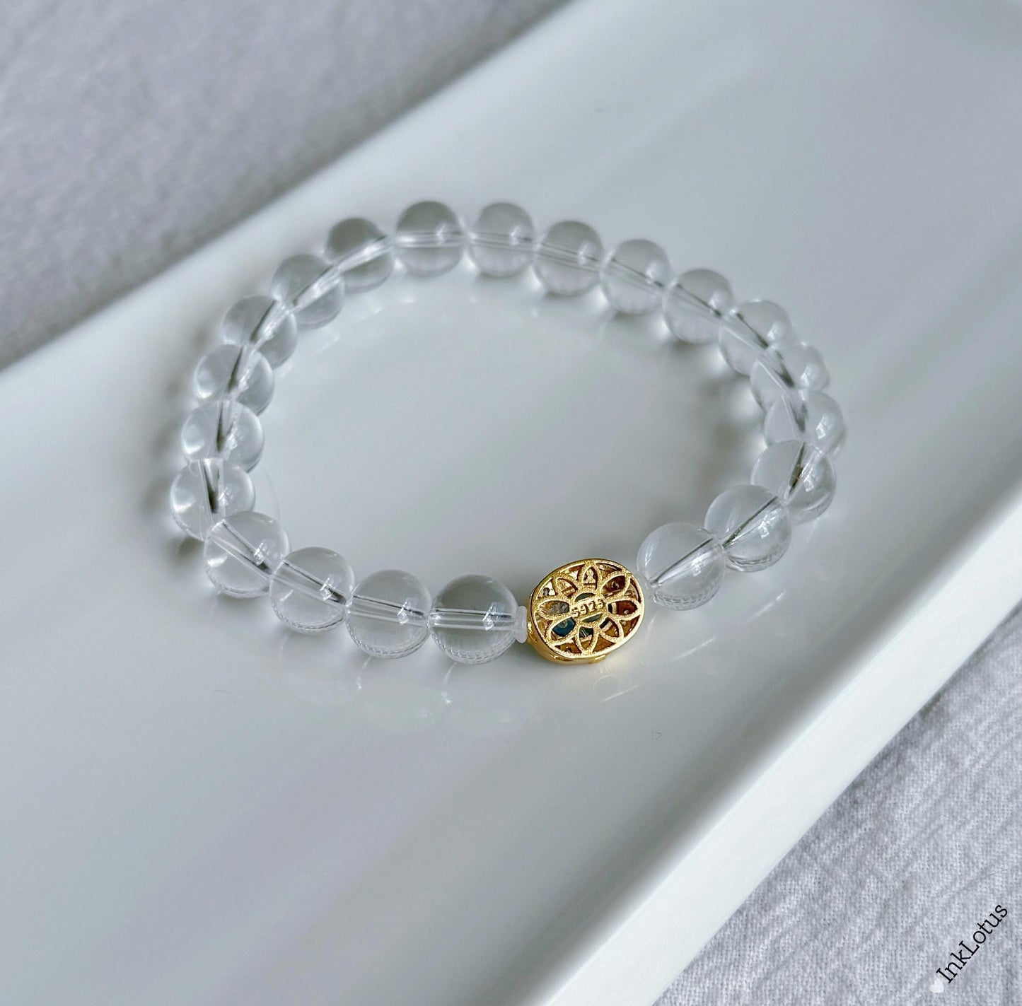 8mm Clear Quartz Beaded Bracelet with Aquamarine Charm | Clarity & Calm