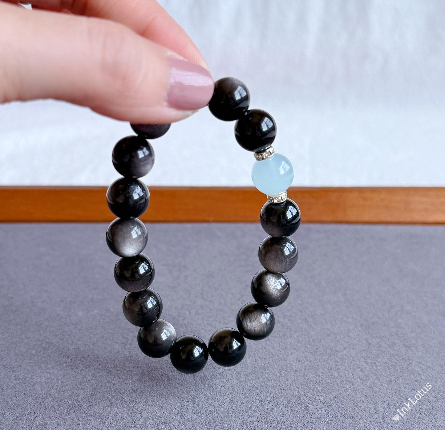 10mm Silver Obsidian Bracelet with Aquamarine | Natural Gemstone Stretch Bracelet