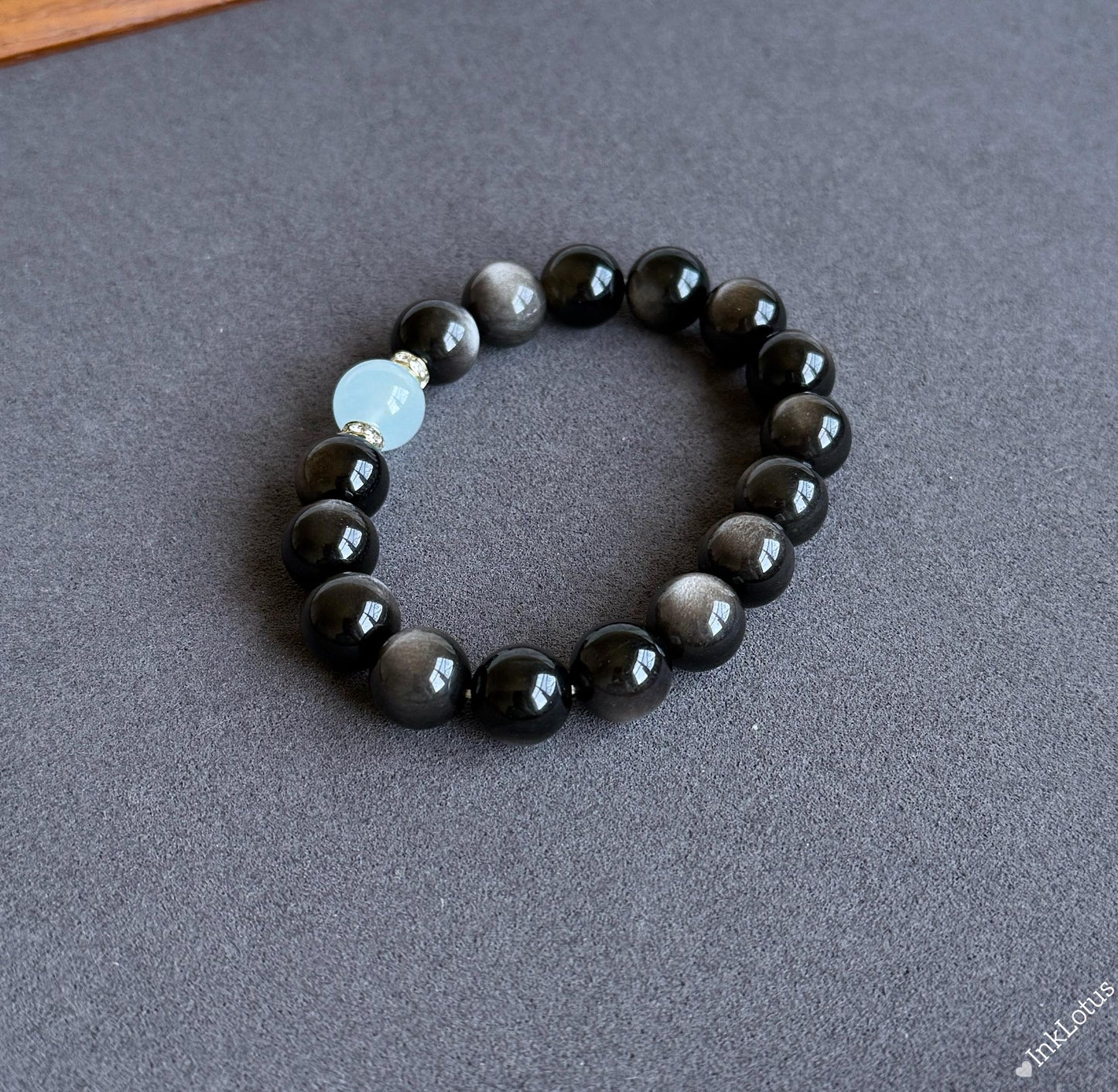 10mm Silver Obsidian Bracelet with Aquamarine | Natural Gemstone Stretch Bracelet
