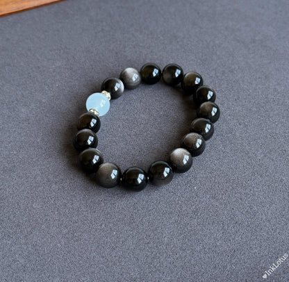 10mm Silver Obsidian Bracelet with Aquamarine | Natural Gemstone Stretch Bracelet
