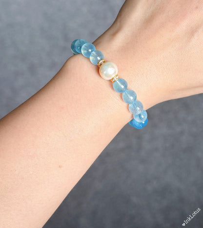 Aquamarine and Pearl Bracelet | S925 Silver, March Birthstone