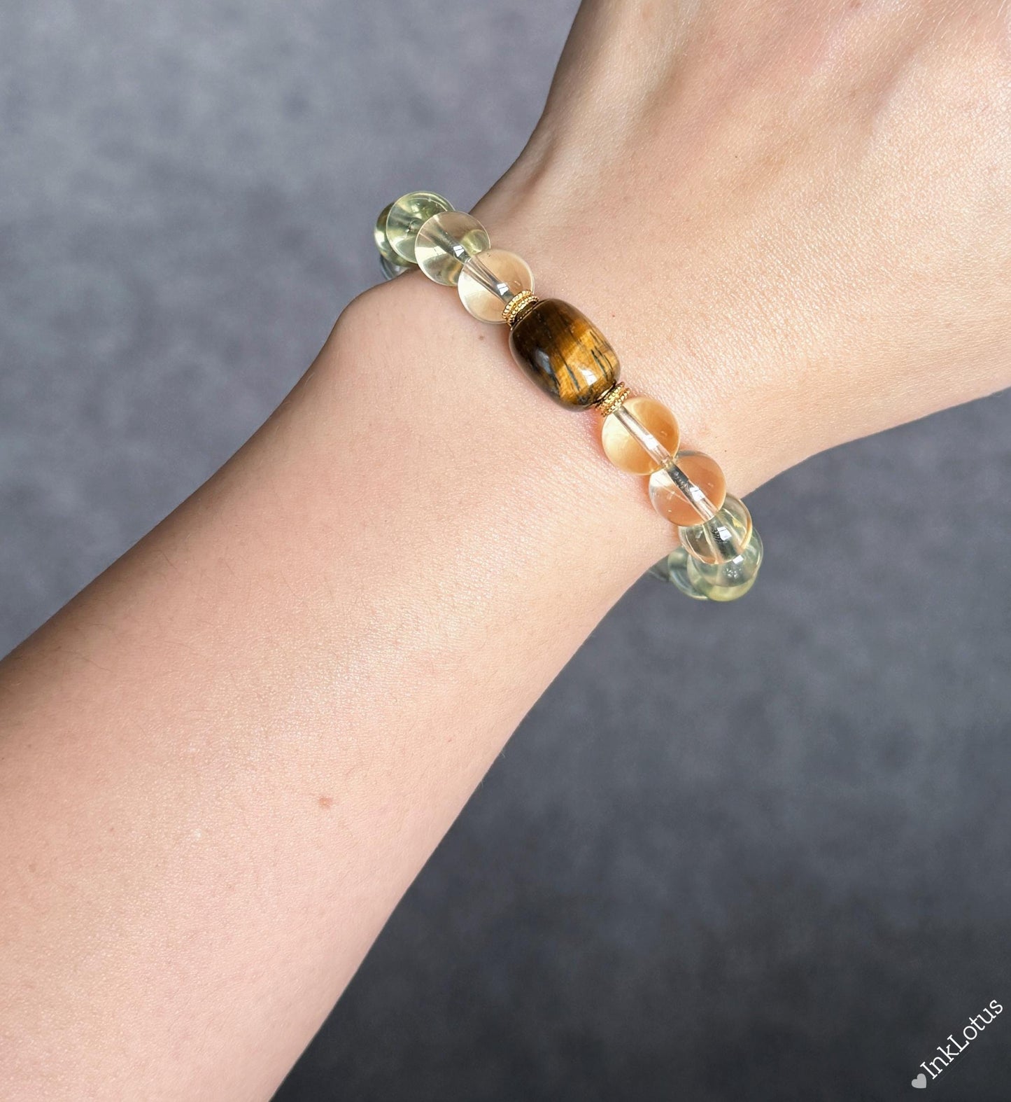 8.5mm Citrine Bracelet with Yellow Tiger's Eye: S925 Silver Accents, November Birthstone