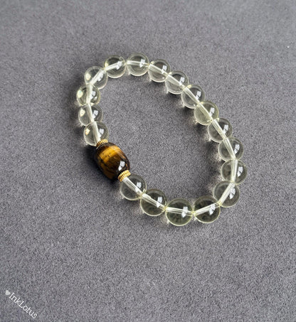 8.5mm Citrine Bracelet with Yellow Tiger's Eye: S925 Silver Accents, November Birthstone