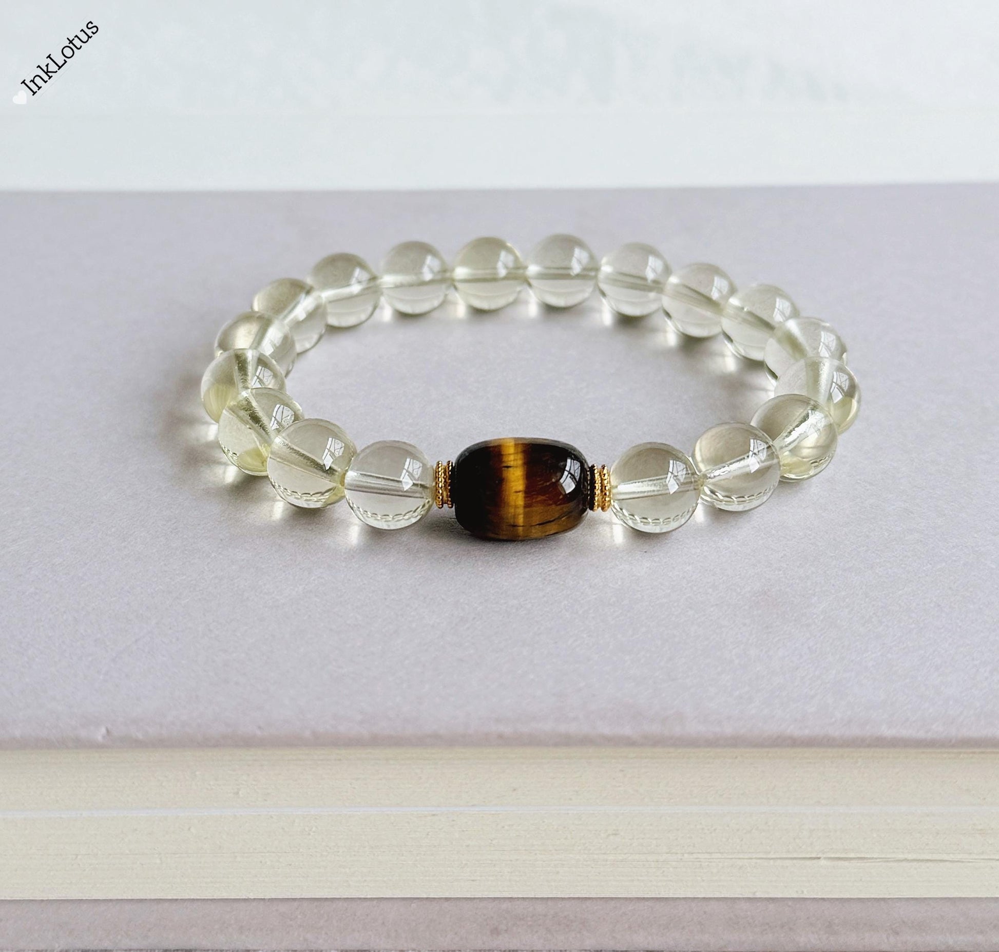 8.5mm Citrine Bracelet with Yellow Tiger's Eye: S925 Silver Accents, November Birthstone