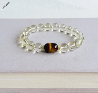 8.5mm Citrine Bracelet with Yellow Tiger's Eye: S925 Silver Accents, November Birthstone