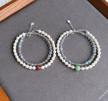 Labradorite Pearl Double Wrap Bracelet | Sterling Silver, Agate Jade