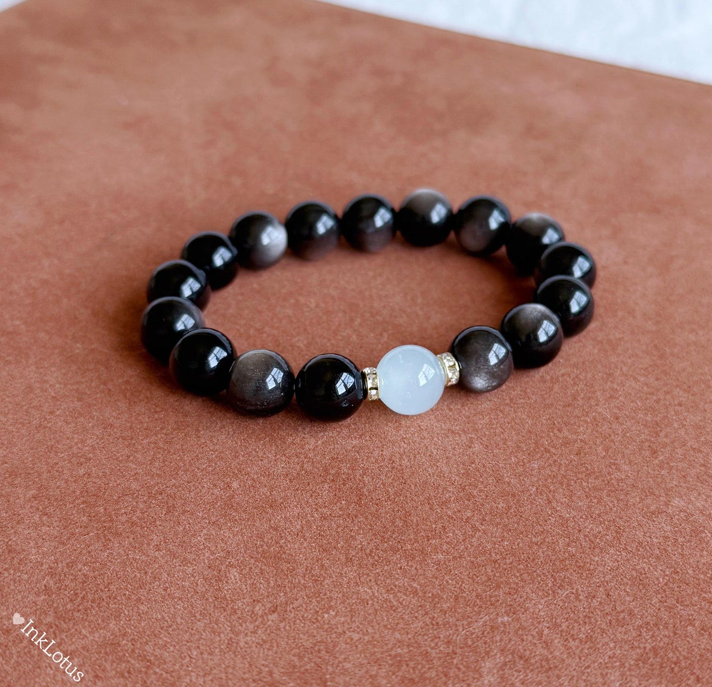 10mm Silver Obsidian Bracelet with Aquamarine | Natural Gemstone Stretch Bracelet