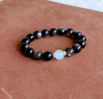 10mm Silver Obsidian Bracelet with Aquamarine | Natural Gemstone Stretch Bracelet