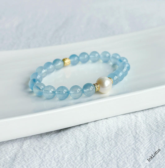 Aquamarine and Pearl Bracelet | S925 Silver, March Birthstone