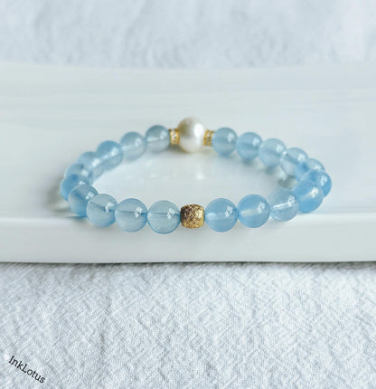 Aquamarine and Pearl Bracelet | S925 Silver, March Birthstone