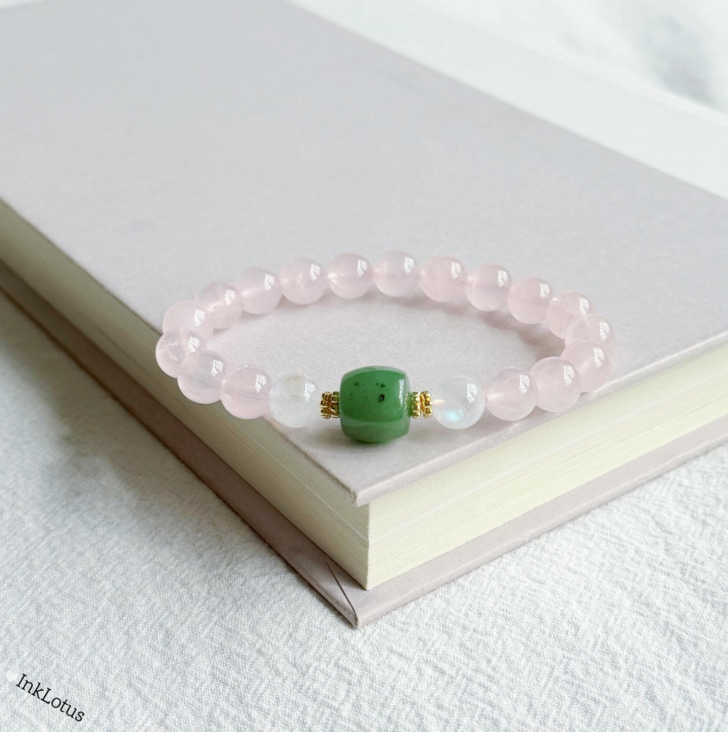 8mm Rose Quartz Bracelet with Nephrite Jade and Moonstone