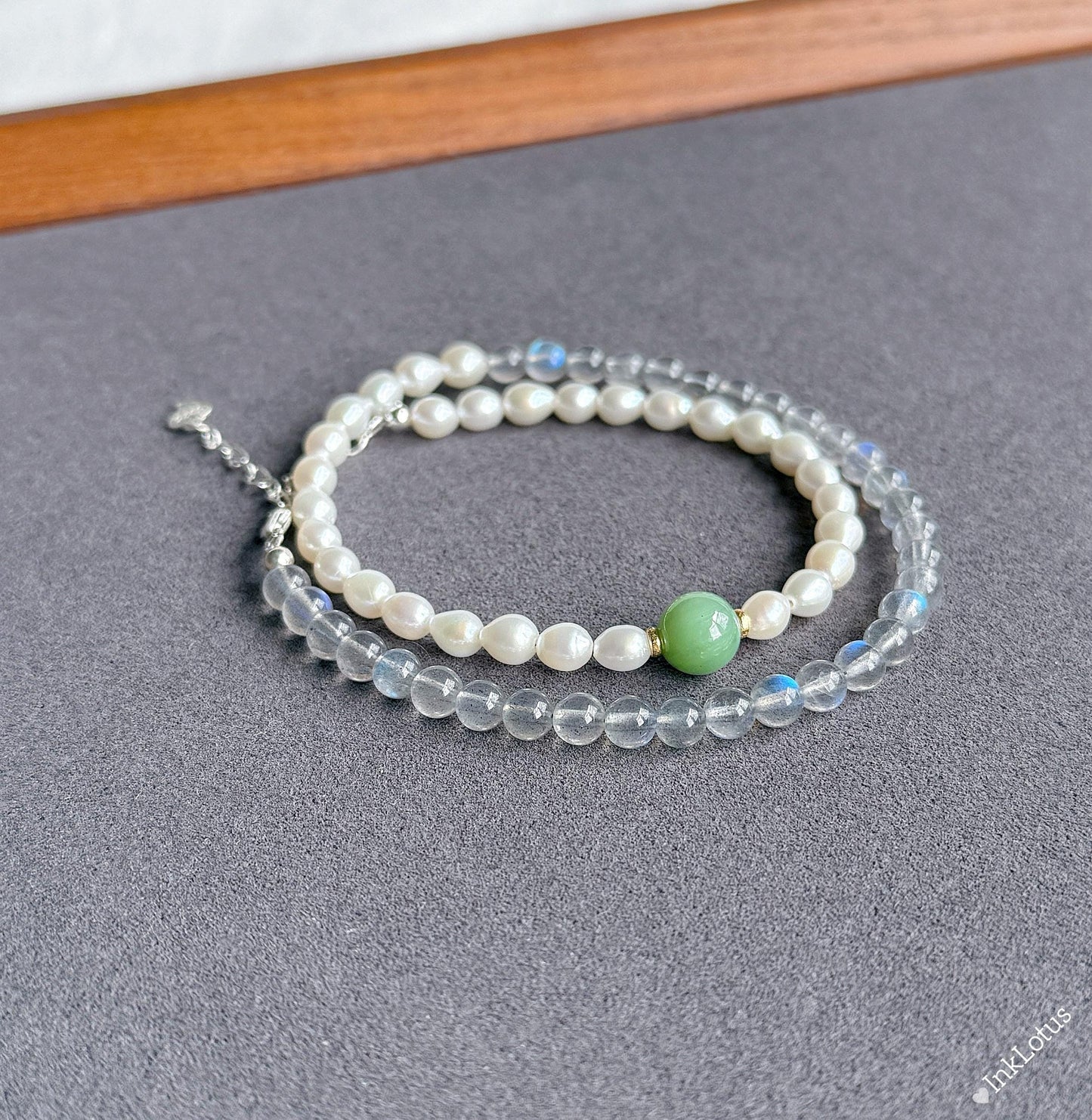 Labradorite Pearl Double Wrap Bracelet | Sterling Silver, Agate Jade