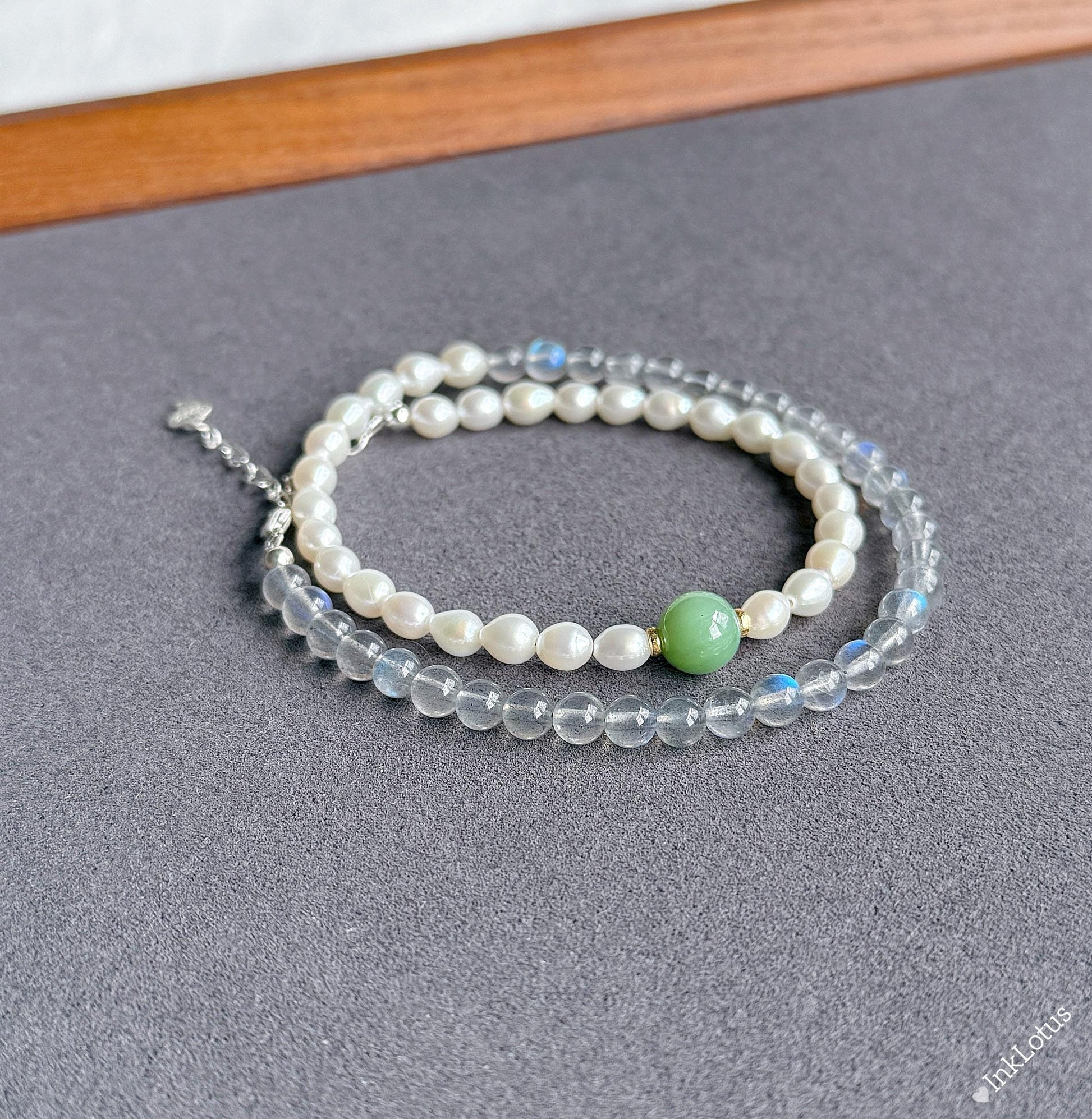 Labradorite Pearl Double Wrap Bracelet | Sterling Silver, Agate Jade