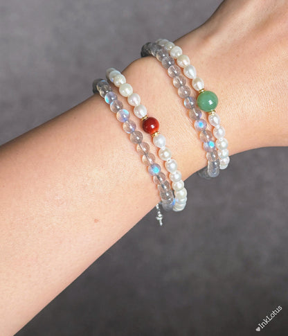 Labradorite Pearl Double Wrap Bracelet | Sterling Silver, Agate Jade