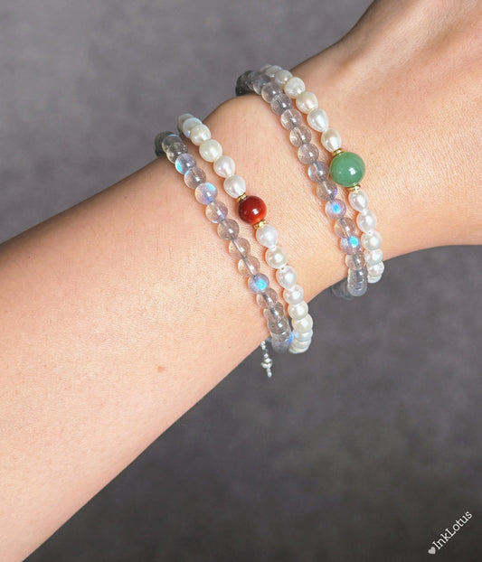Labradorite Pearl Double Wrap Bracelet | Sterling Silver, Agate Jade