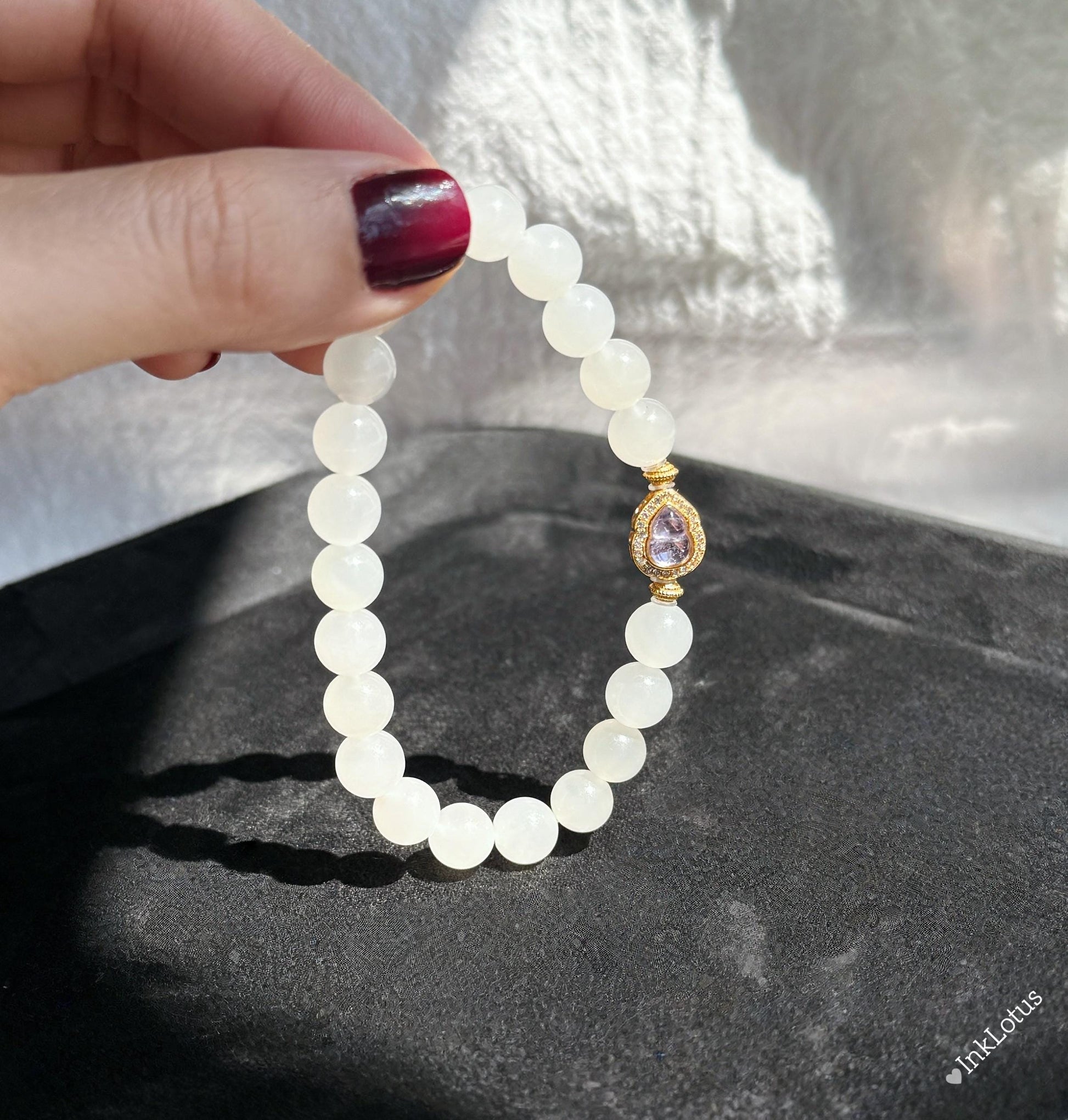 White Nephrite Jade Bracelet 8mm: Amethyst Charm, S925 Gold Accent