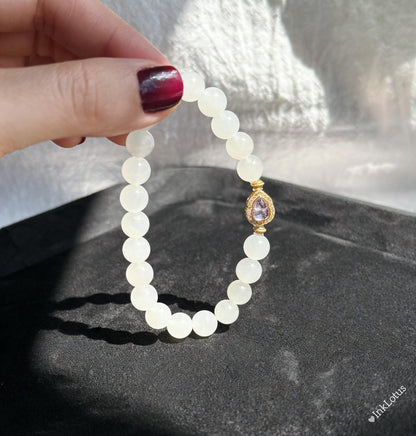 White Nephrite Jade Bracelet 8mm: Amethyst Charm, S925 Gold Accent