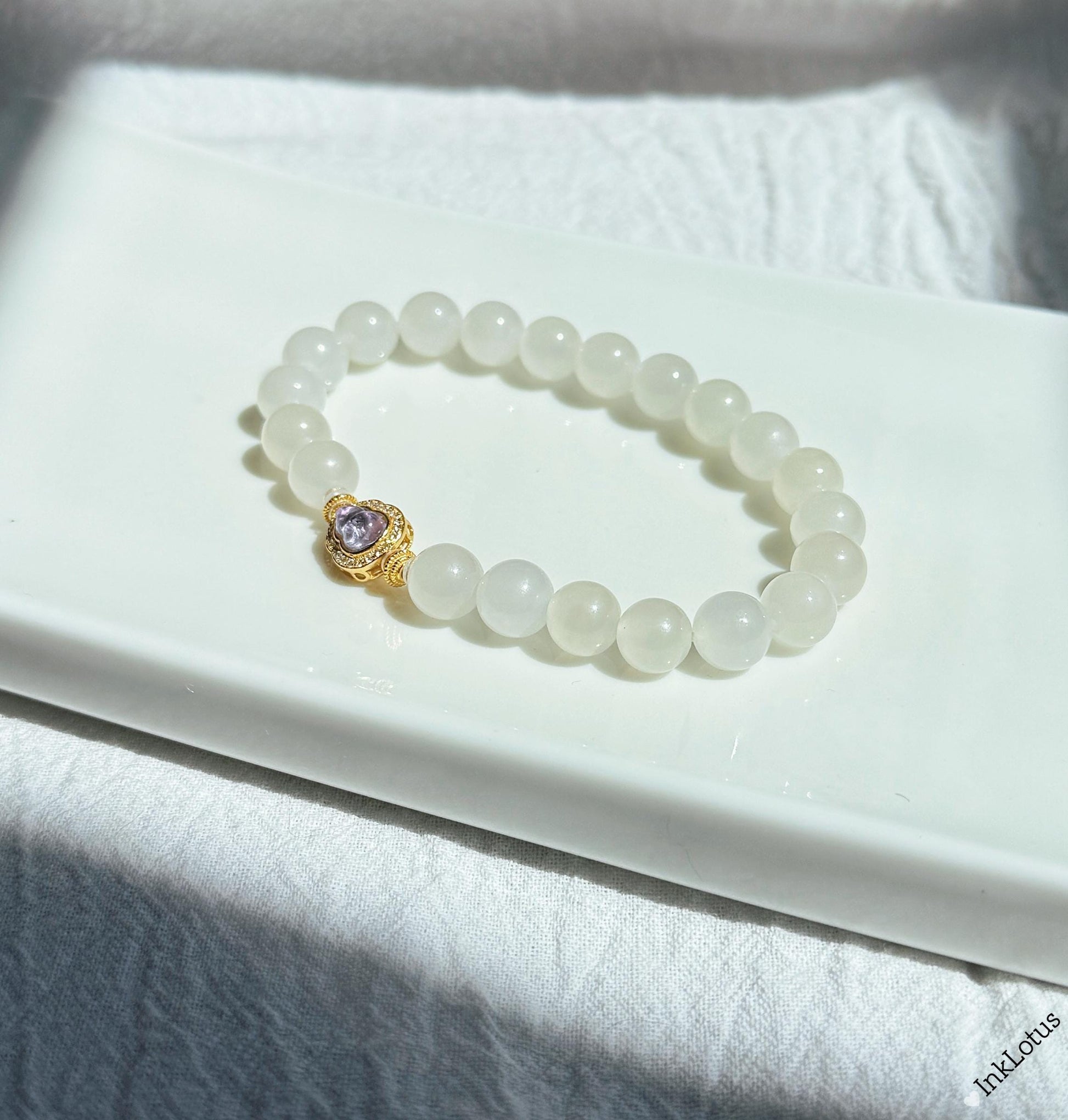 White Nephrite Jade Bracelet 8mm: Amethyst Charm, S925 Gold Accent