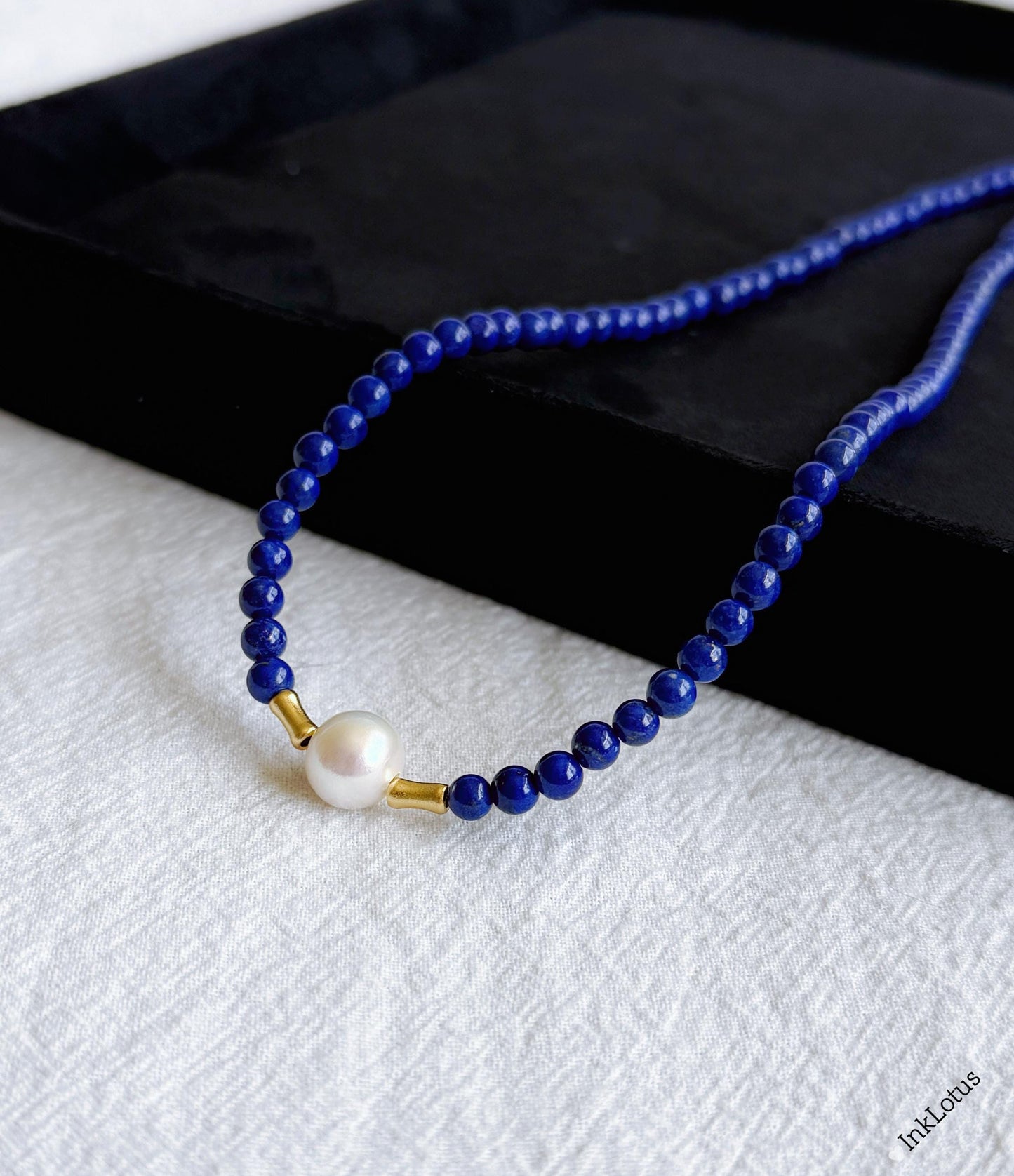 4mm Lapis Lazuli Pearl Choker: Gold Plated S925 Sterling Silver, Freshwater Pearl Adjustable