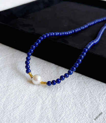 4mm Lapis Lazuli Pearl Choker: Gold Plated S925 Sterling Silver, Freshwater Pearl Adjustable