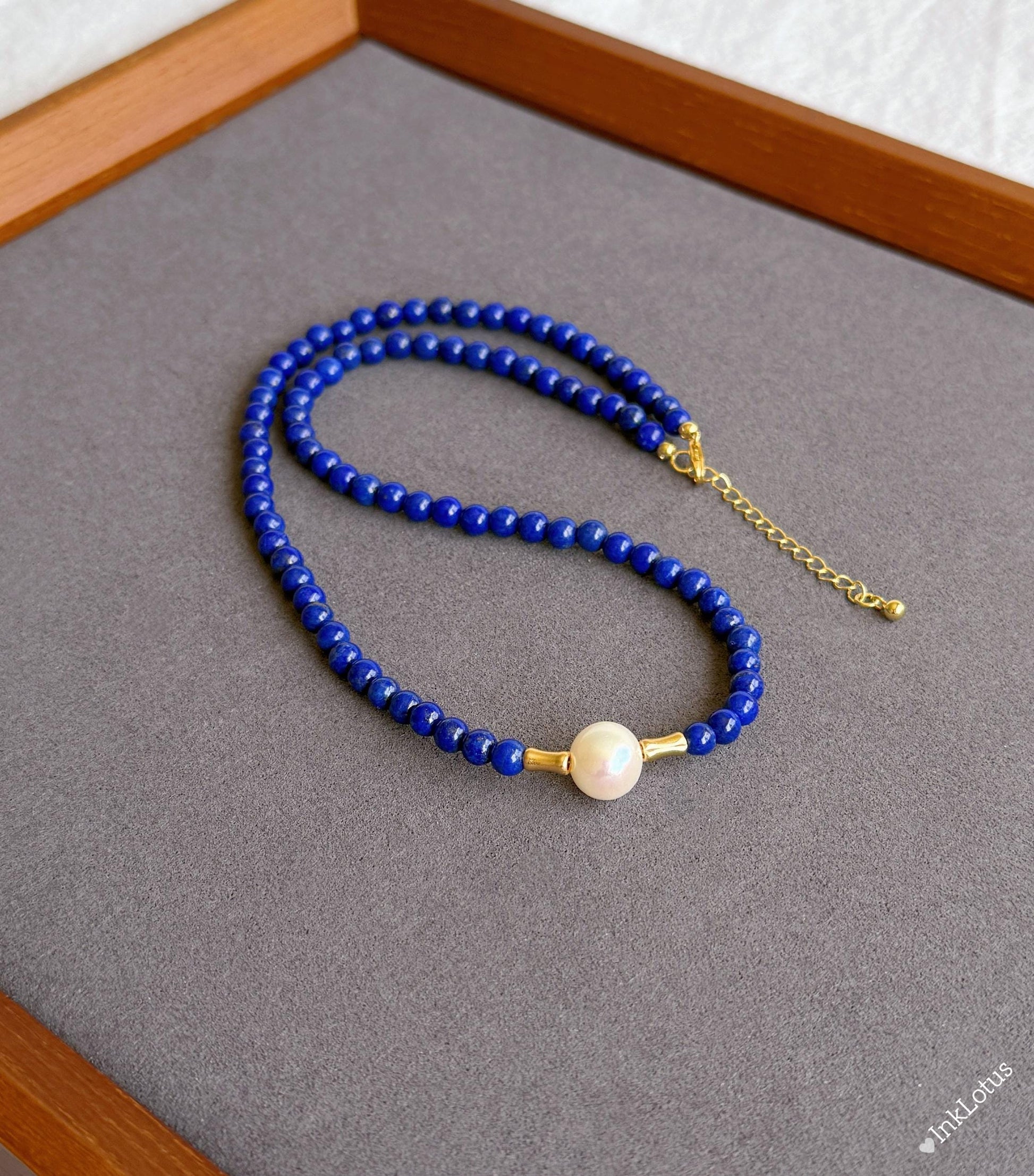4mm Lapis Lazuli Pearl Choker: Gold Plated S925 Sterling Silver, Freshwater Pearl Adjustable