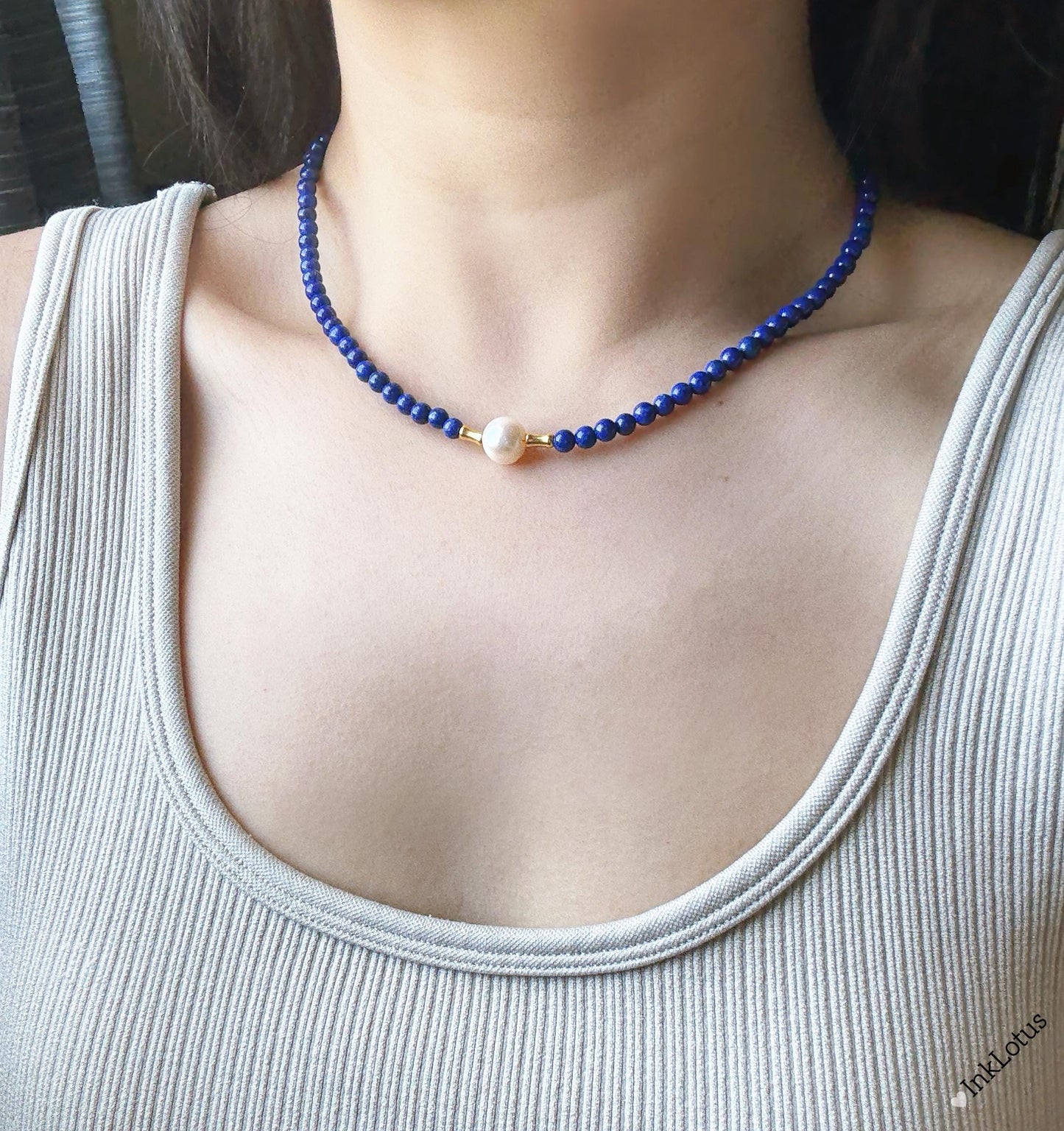 4mm Lapis Lazuli Pearl Choker: Gold Plated S925 Sterling Silver, Freshwater Pearl Adjustable
