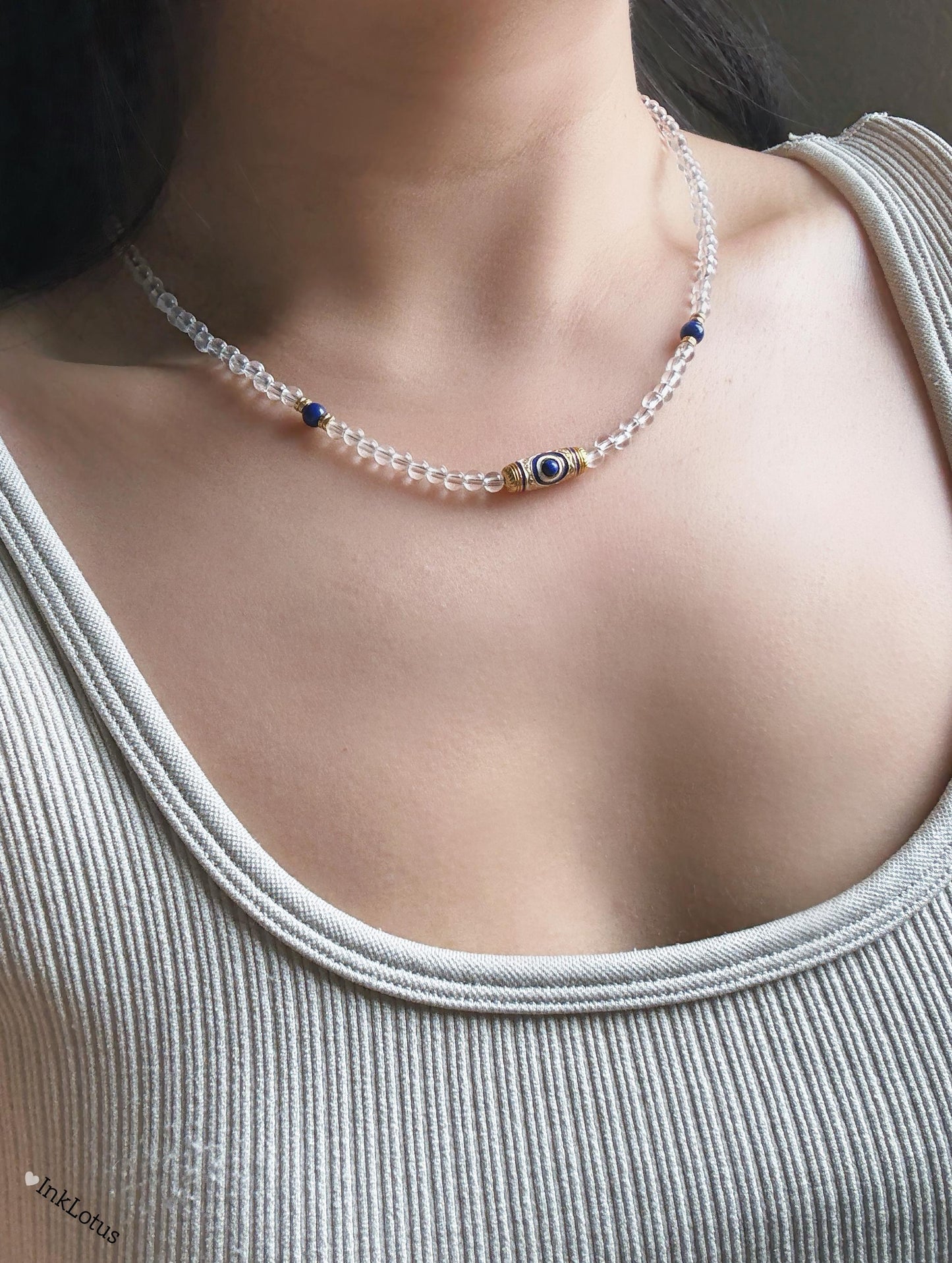 Clear Quartz & Lapis Lazuli Necklace – Sterling Silver, Crystal Choker