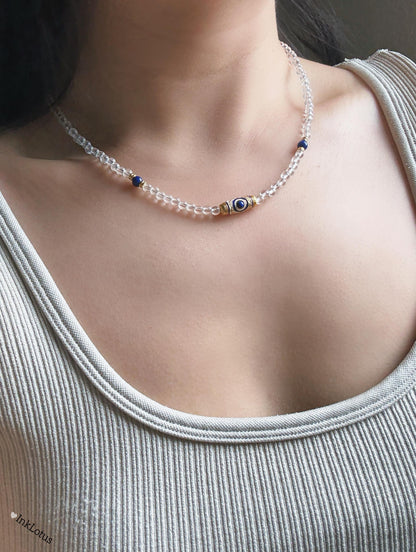 Clear Quartz & Lapis Lazuli Necklace – Sterling Silver, Crystal Choker
