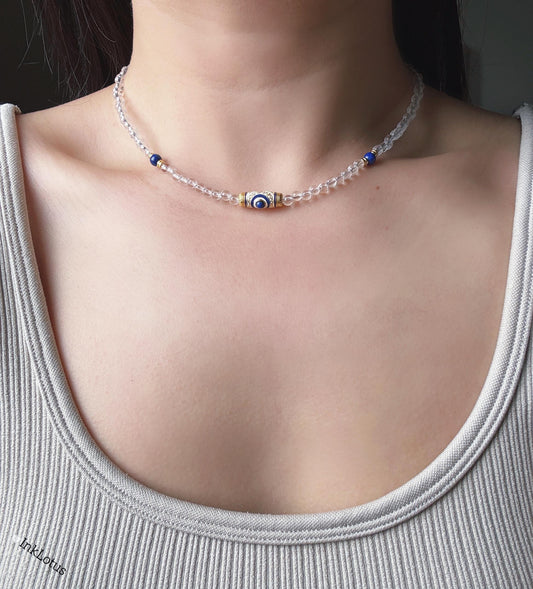 Clear Quartz & Lapis Lazuli Necklace – Sterling Silver, Crystal Choker