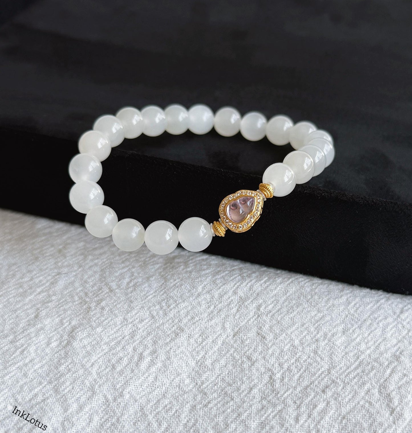 White Nephrite Jade Bracelet 8mm: Amethyst Charm, S925 Gold Accent
